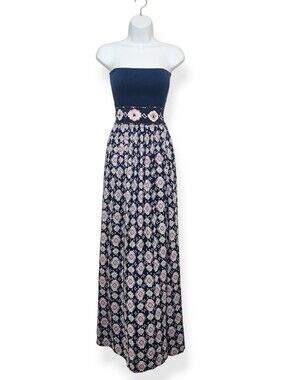 Skemo Navy Blue Strapless Stretch Top Embellished Stretch Waistband Maxi Dress S